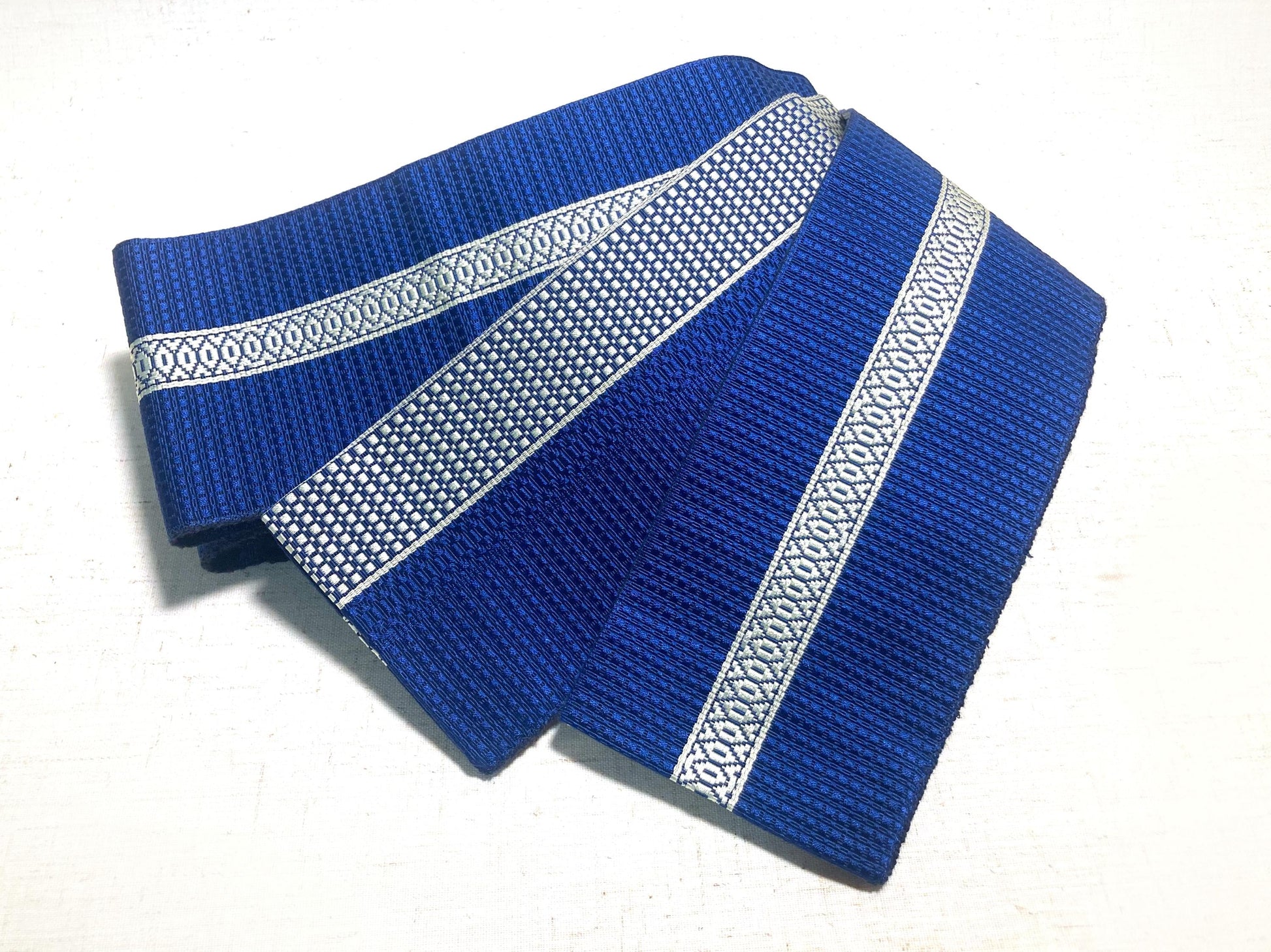 Vintage narrow kaku obi - reversible navy blue with geometric pattern