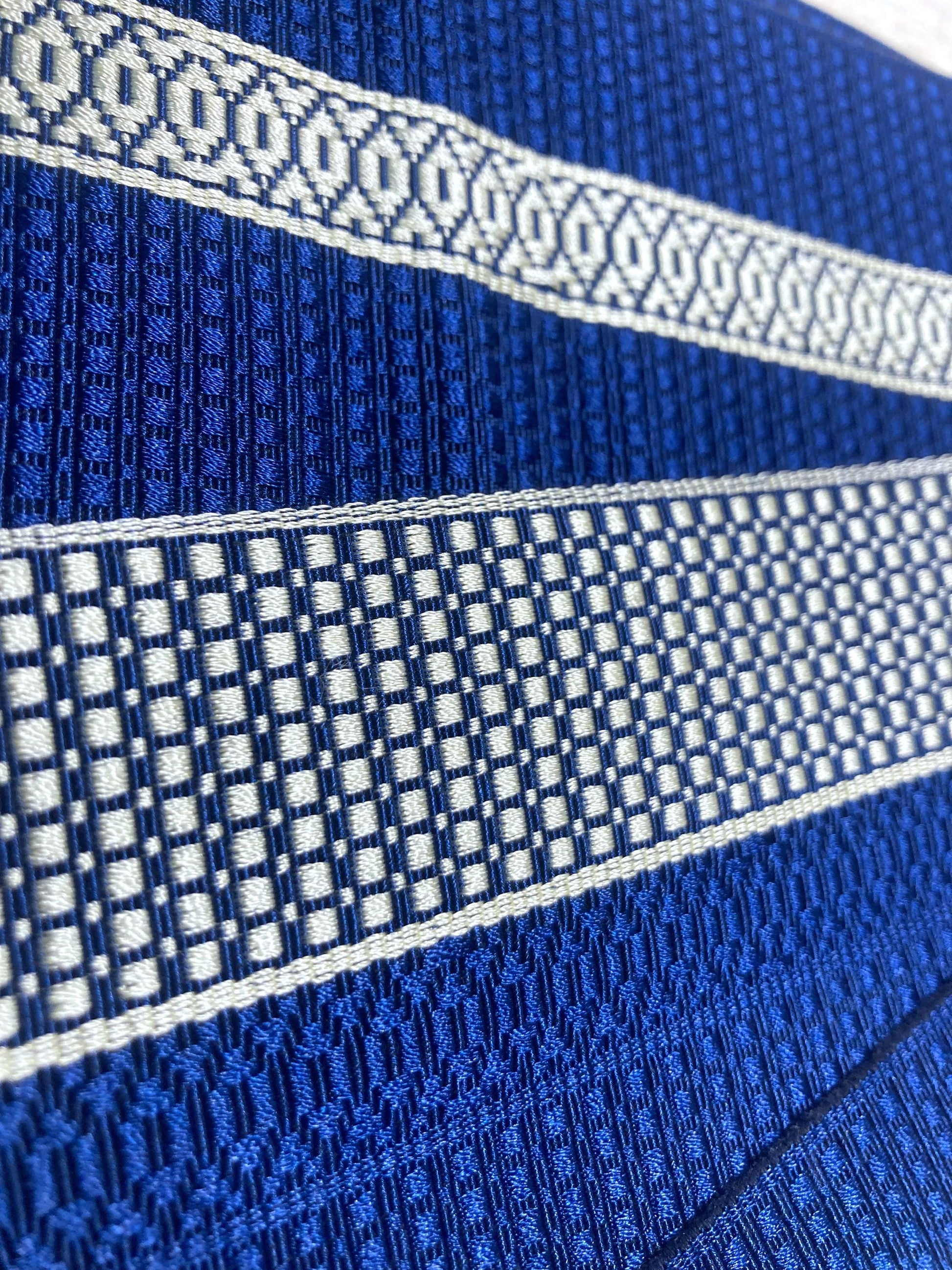 Vintage narrow kaku obi - reversible navy blue with geometric pattern