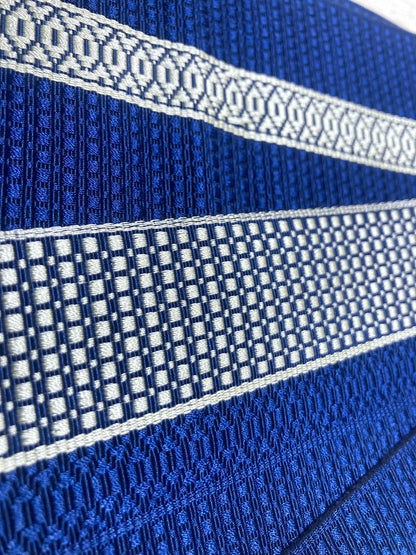 Vintage narrow kaku obi - reversible navy blue with geometric pattern