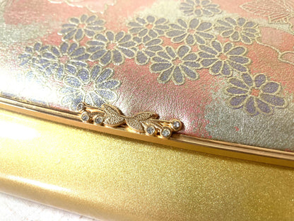Vintage kimono handbag - golden patent leather with floral pattern and rhinestone accent