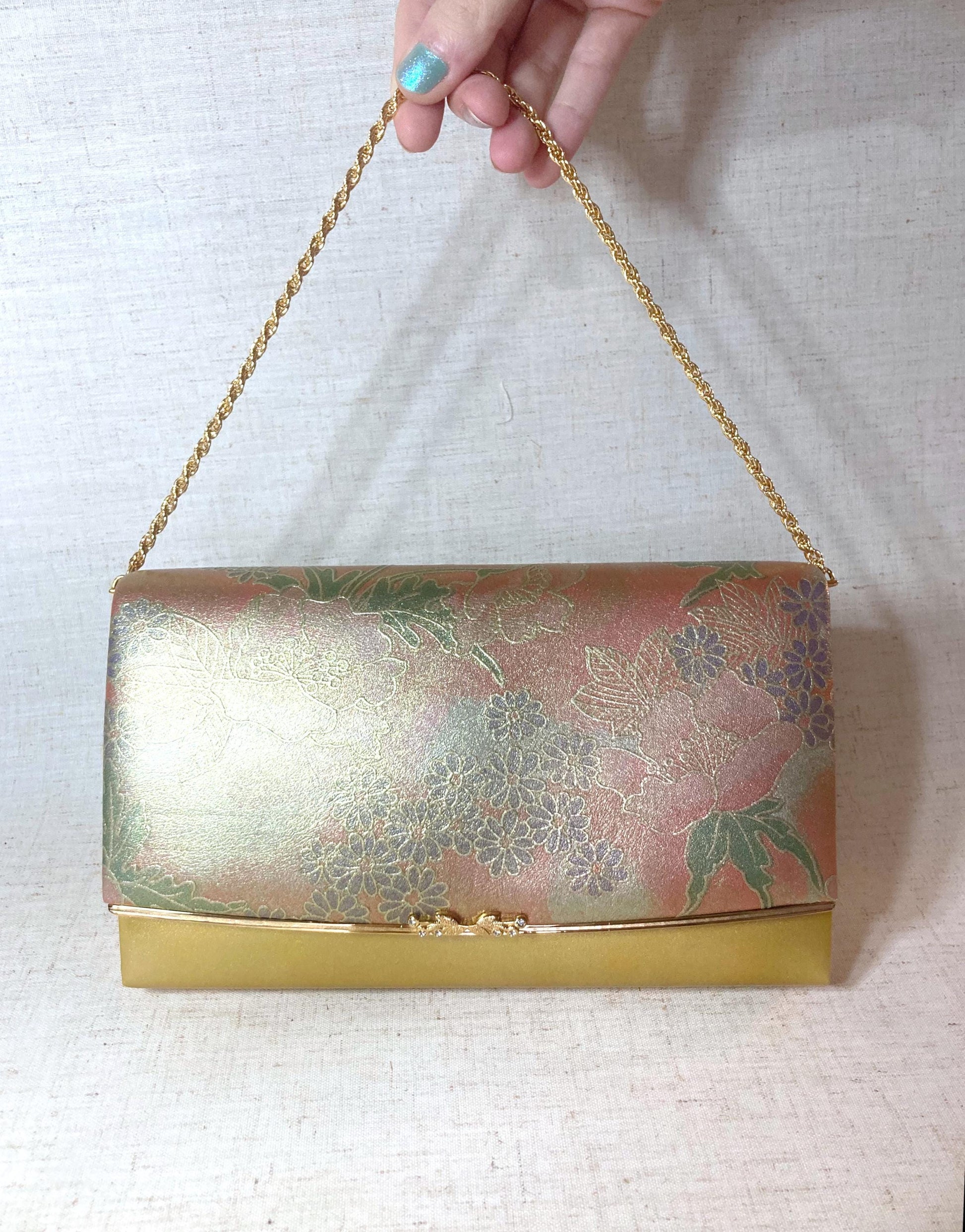Vintage kimono handbag - golden patent leather with floral pattern and rhinestone accent