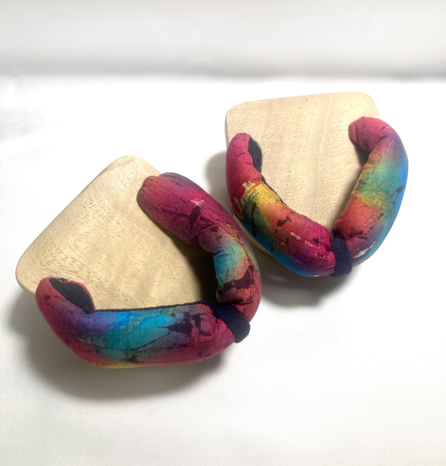Curious Japanese wooden geta - "one tooth" balancing shoes with rainbow straps