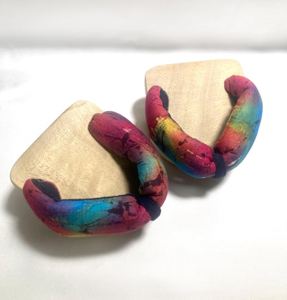 Curious Japanese wooden geta - "one tooth" balancing shoes with rainbow straps