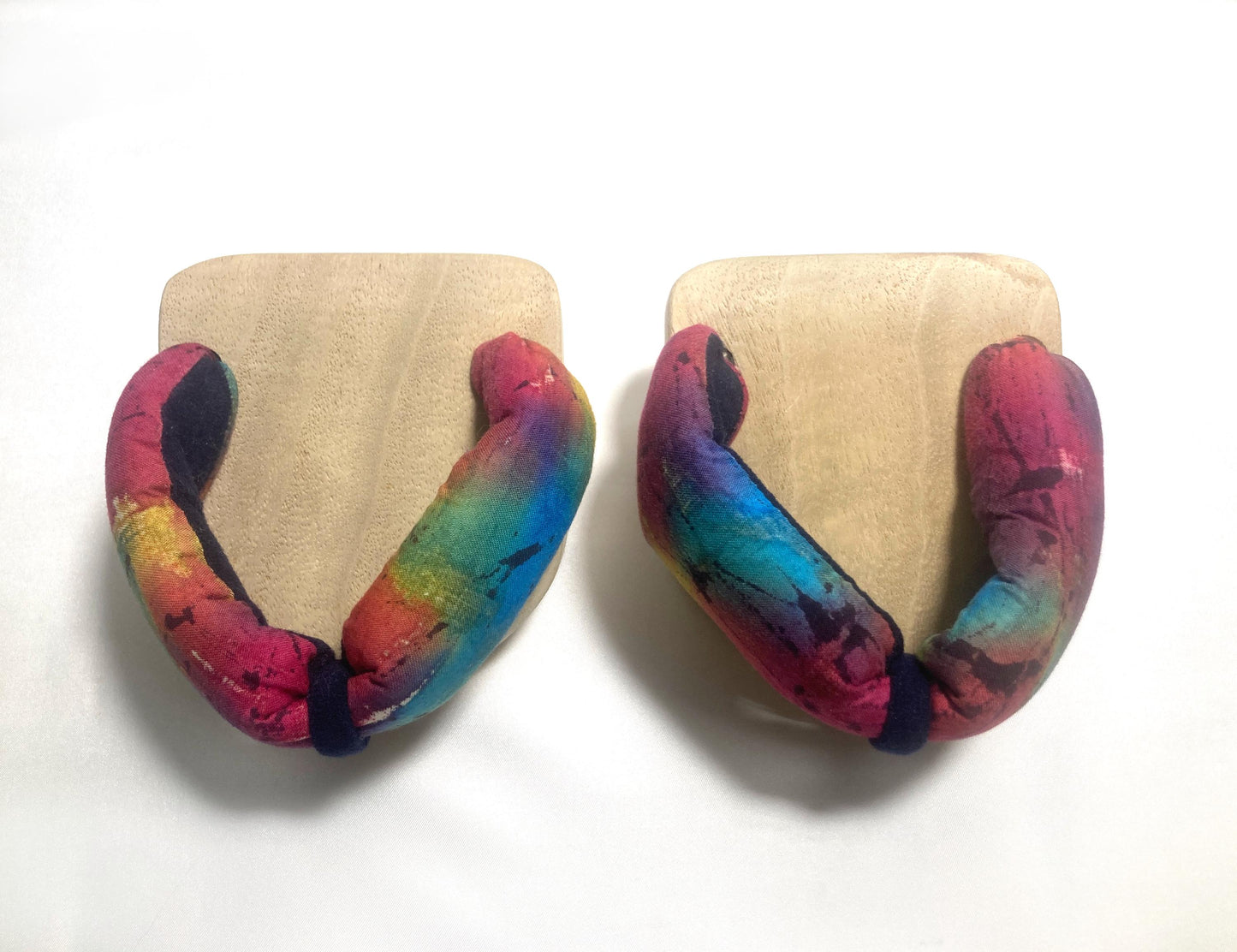 Curious Japanese wooden geta - "one tooth" balancing shoes with rainbow straps