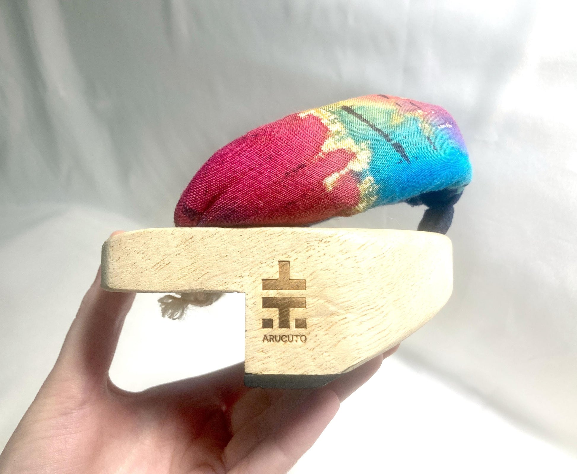 Curious Japanese wooden geta - "one tooth" balancing shoes with rainbow straps