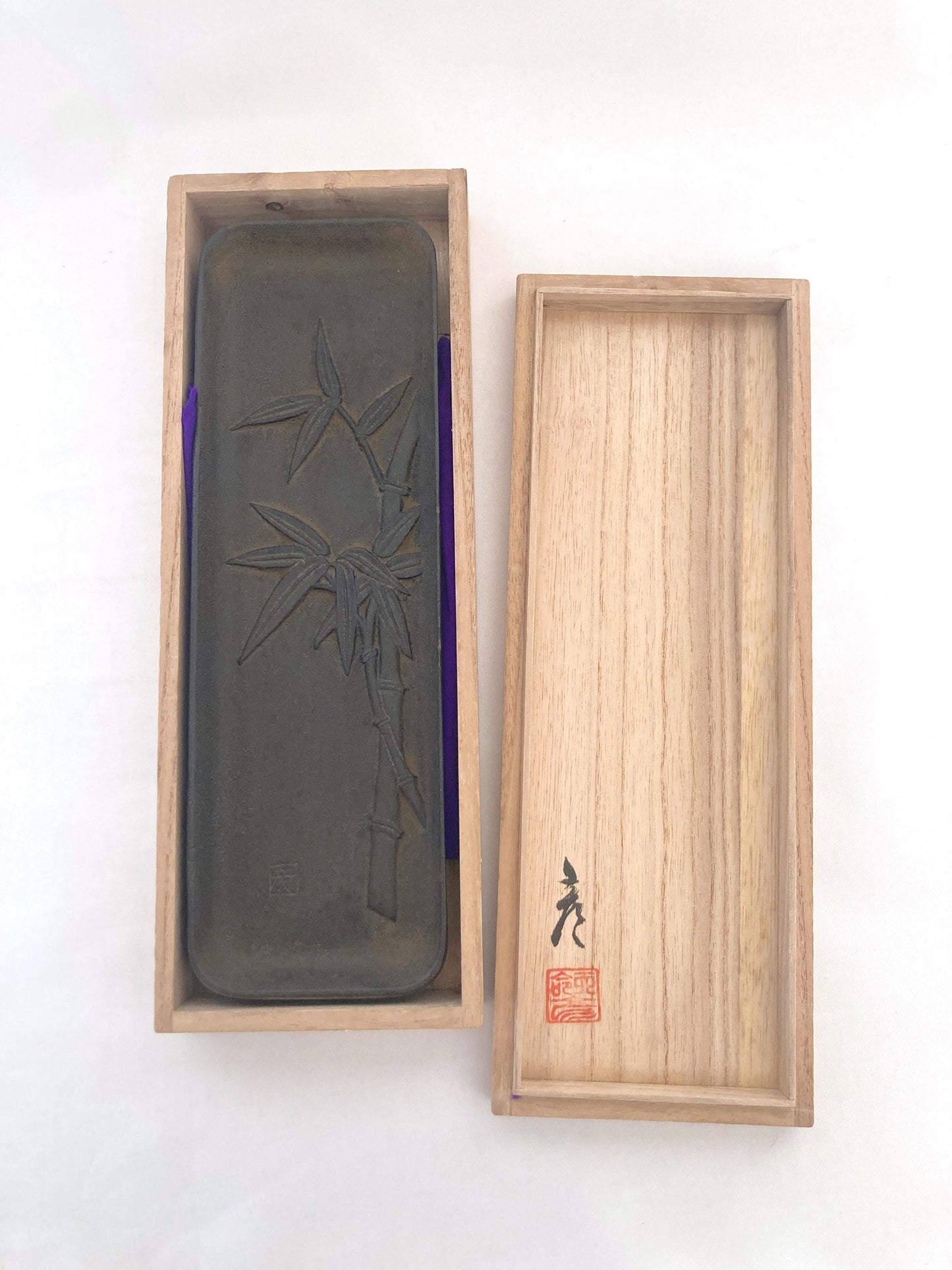 Japanese iron cast paperweight - brush tray with bamboo motif