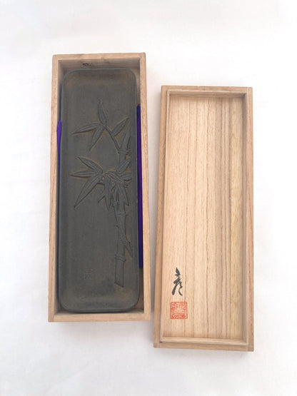 Japanese iron cast paperweight - brush tray with bamboo motif