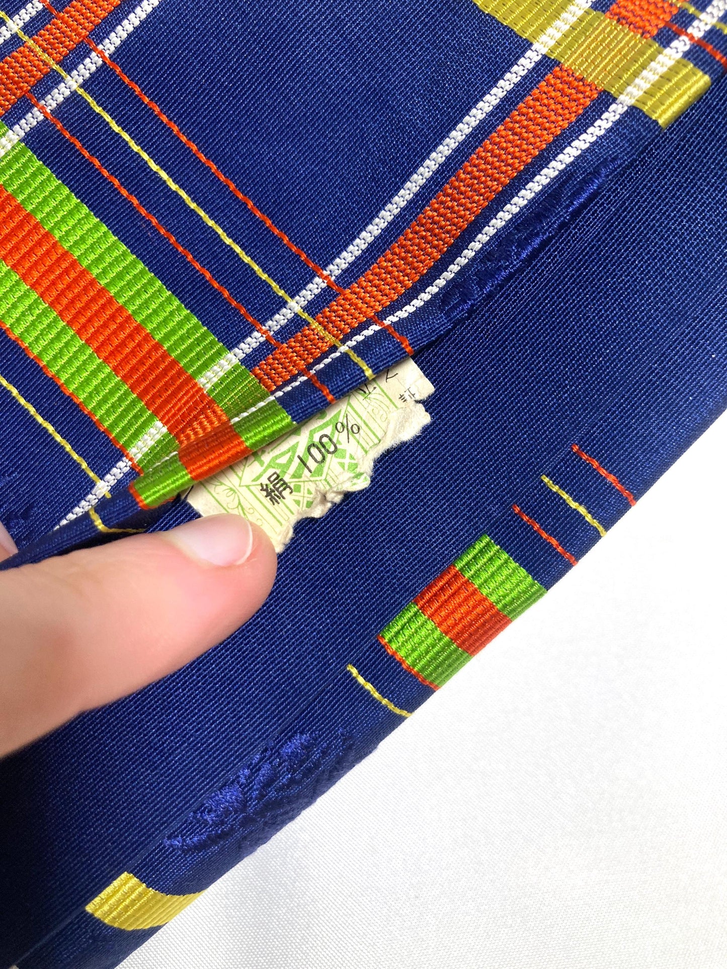 Elegant Japanese hanhaba obi - silk jacquard - blue with colorful grid pattern