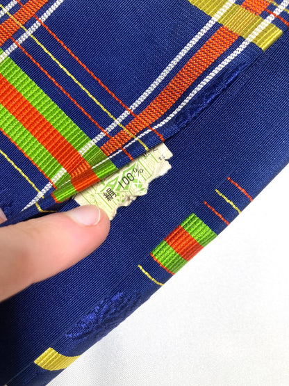 Elegant Japanese hanhaba obi - silk jacquard - blue with colorful grid pattern