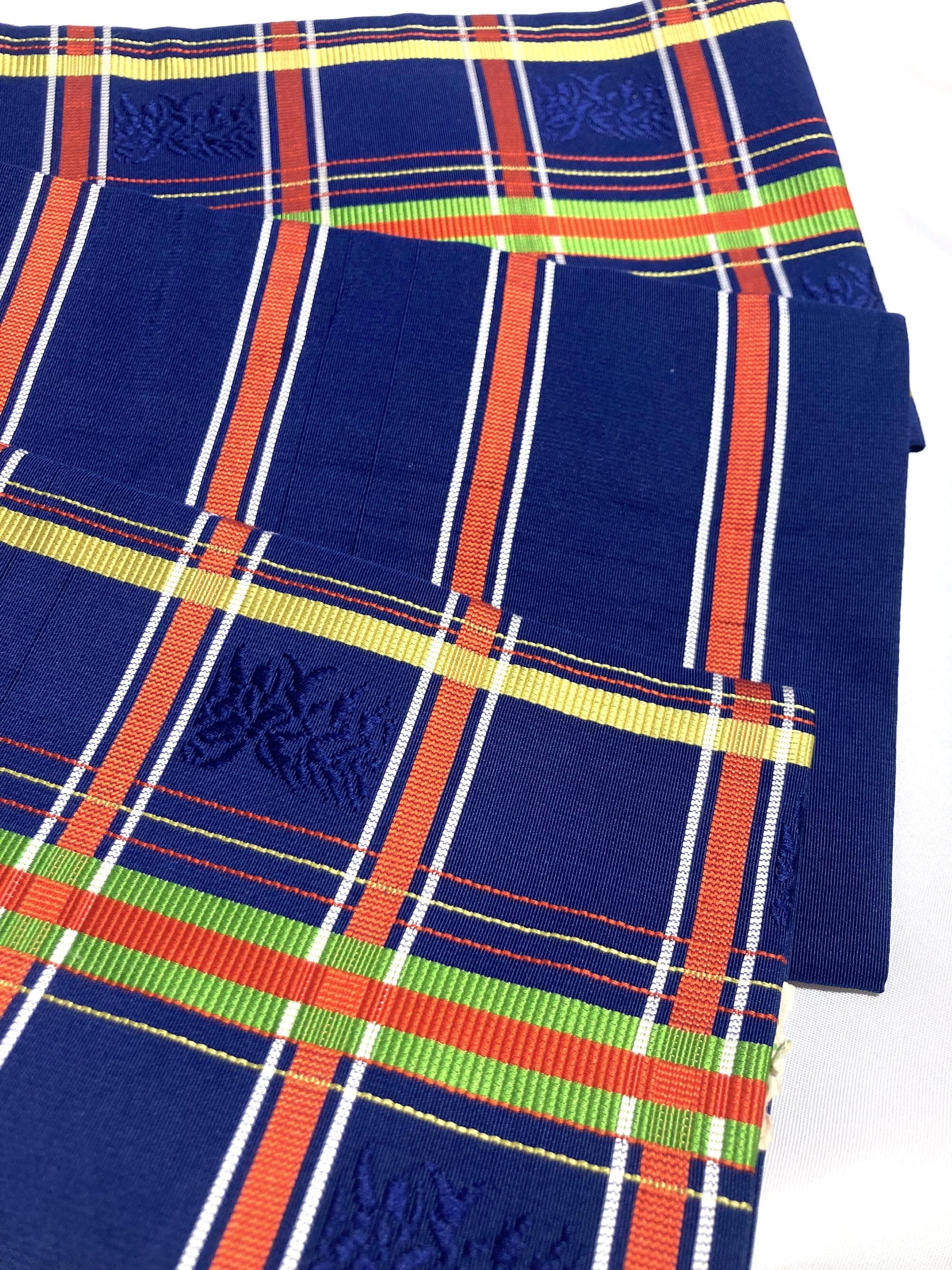 Elegant Japanese hanhaba obi - silk jacquard - blue with colorful grid pattern