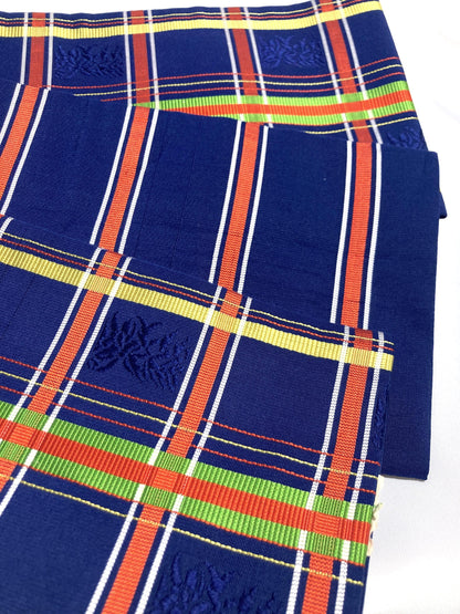Elegant Japanese hanhaba obi - silk jacquard - blue with colorful grid pattern