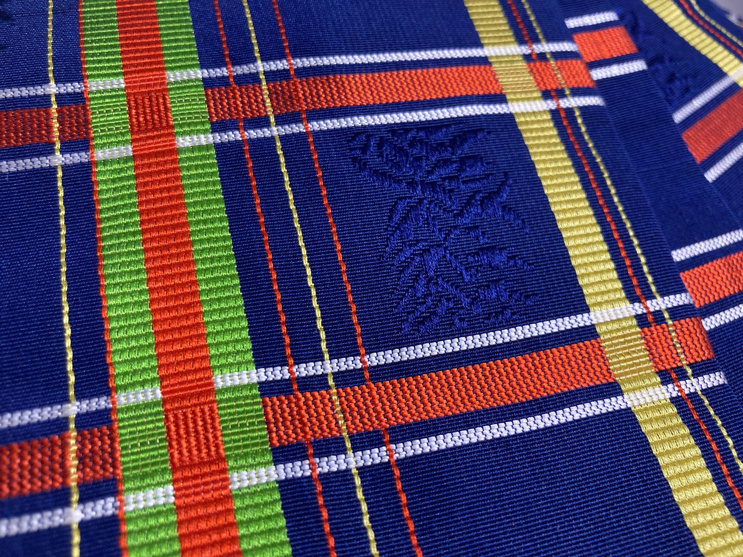 Elegant Japanese hanhaba obi - silk jacquard - blue with colorful grid pattern