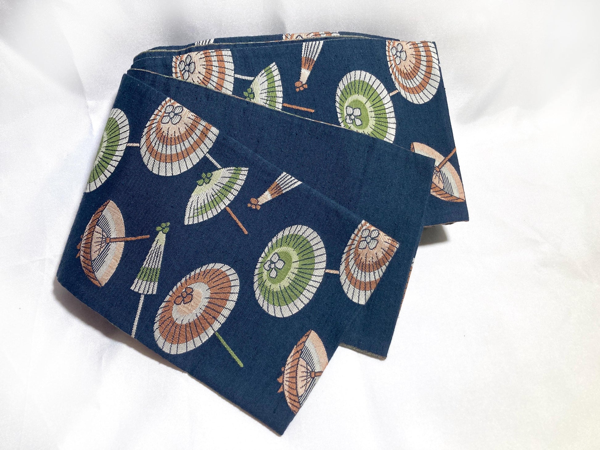 Retro Japanese hanhaba obi - blue, red, and green umbrellas