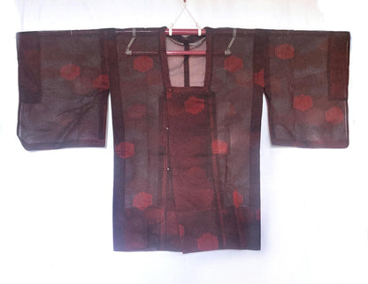 Vintage Japanese kimono coat - summer see-through short michiyuki with black and red pattern