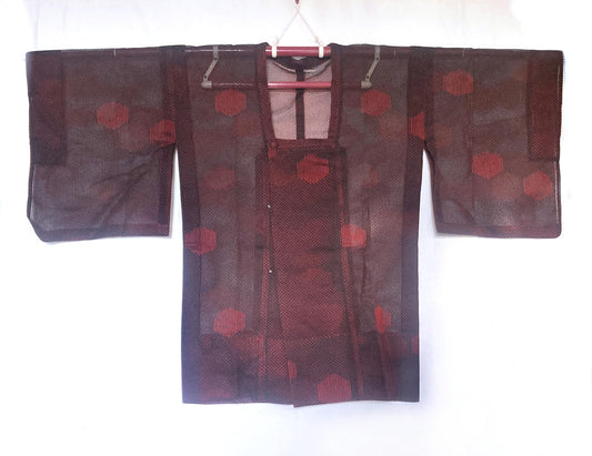 Vintage Japanese kimono coat - summer see-through short michiyuki with black and red pattern