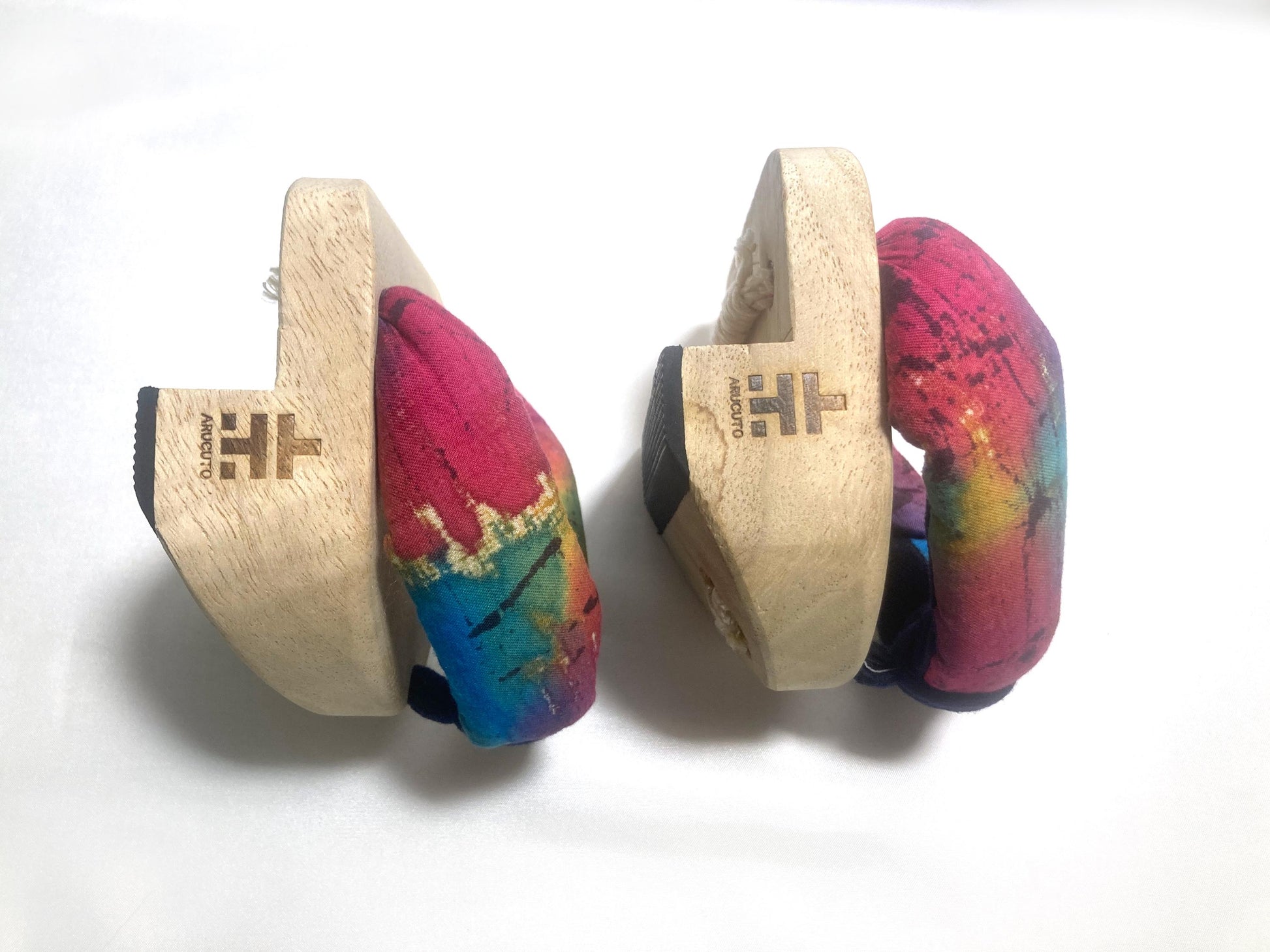 Curious Japanese wooden geta - "one tooth" balancing shoes with rainbow straps