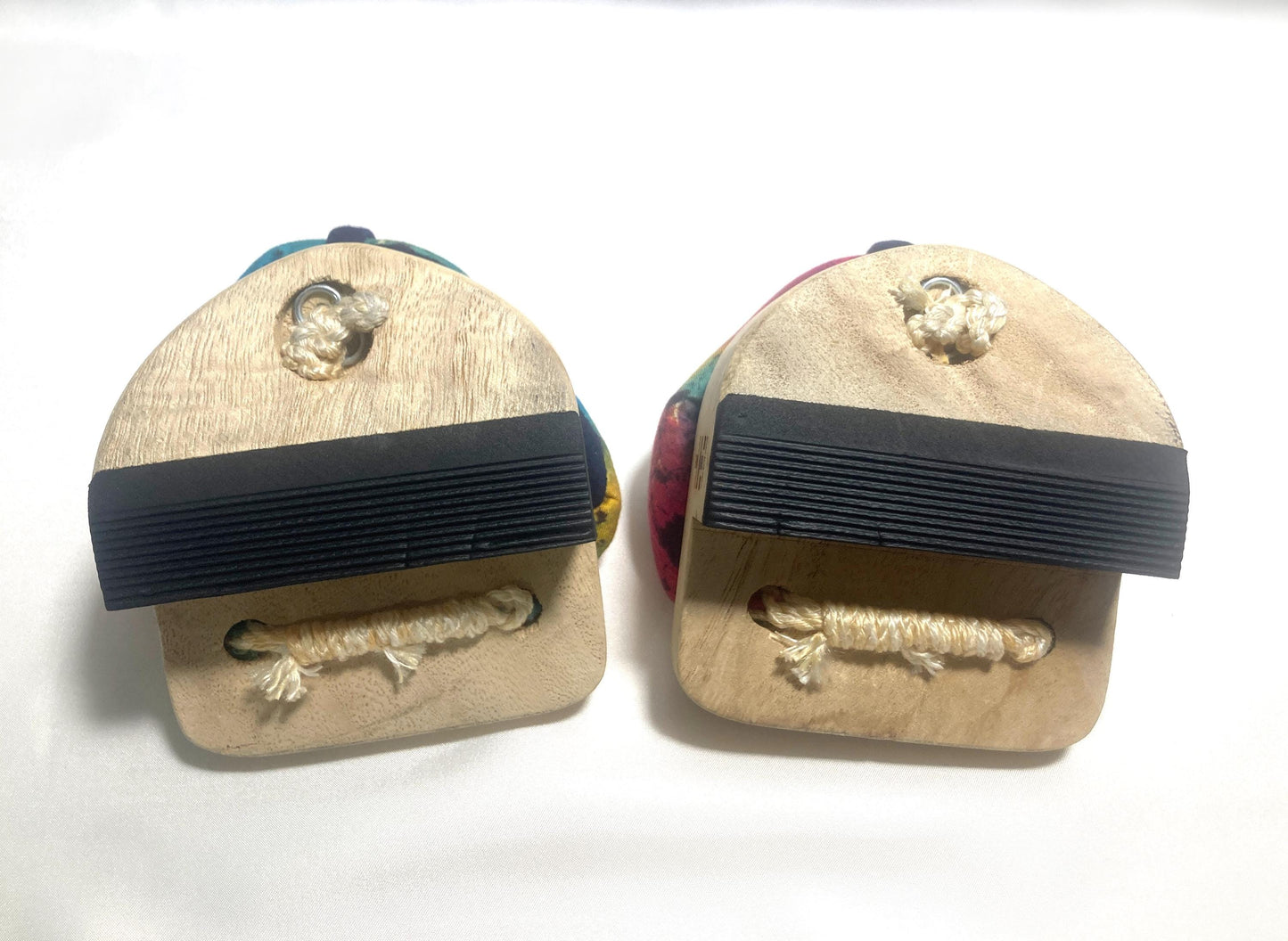 Curious Japanese wooden geta - "one tooth" balancing shoes with rainbow straps