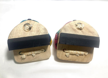 Curious Japanese wooden geta - "one tooth" balancing shoes with rainbow straps