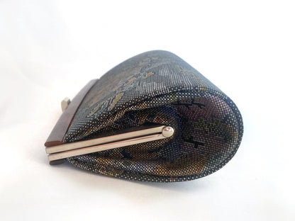 Vintage kimono handbag Ooshima tsumugi - gray silk taffeta with colorful pattern
