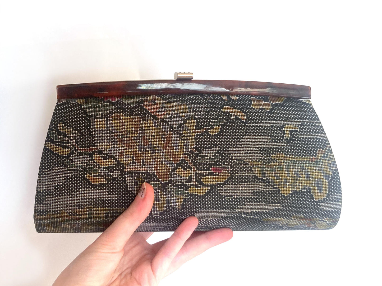 Vintage kimono handbag Ooshima tsumugi - gray silk taffeta with colorful pattern