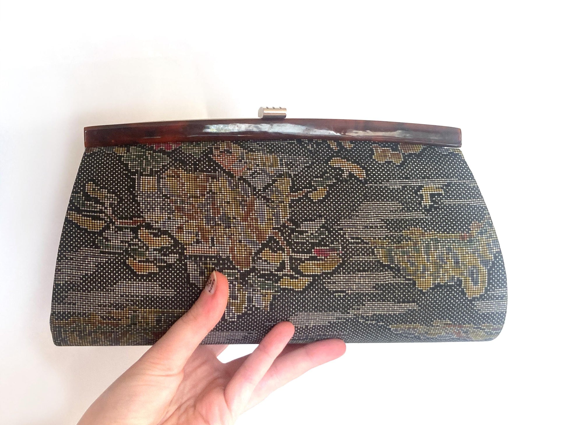 Vintage kimono handbag Ooshima tsumugi - gray silk taffeta with colorful pattern