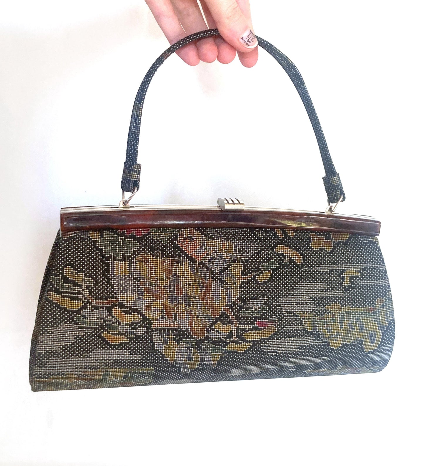 Vintage kimono handbag Ooshima tsumugi - gray silk taffeta with colorful pattern