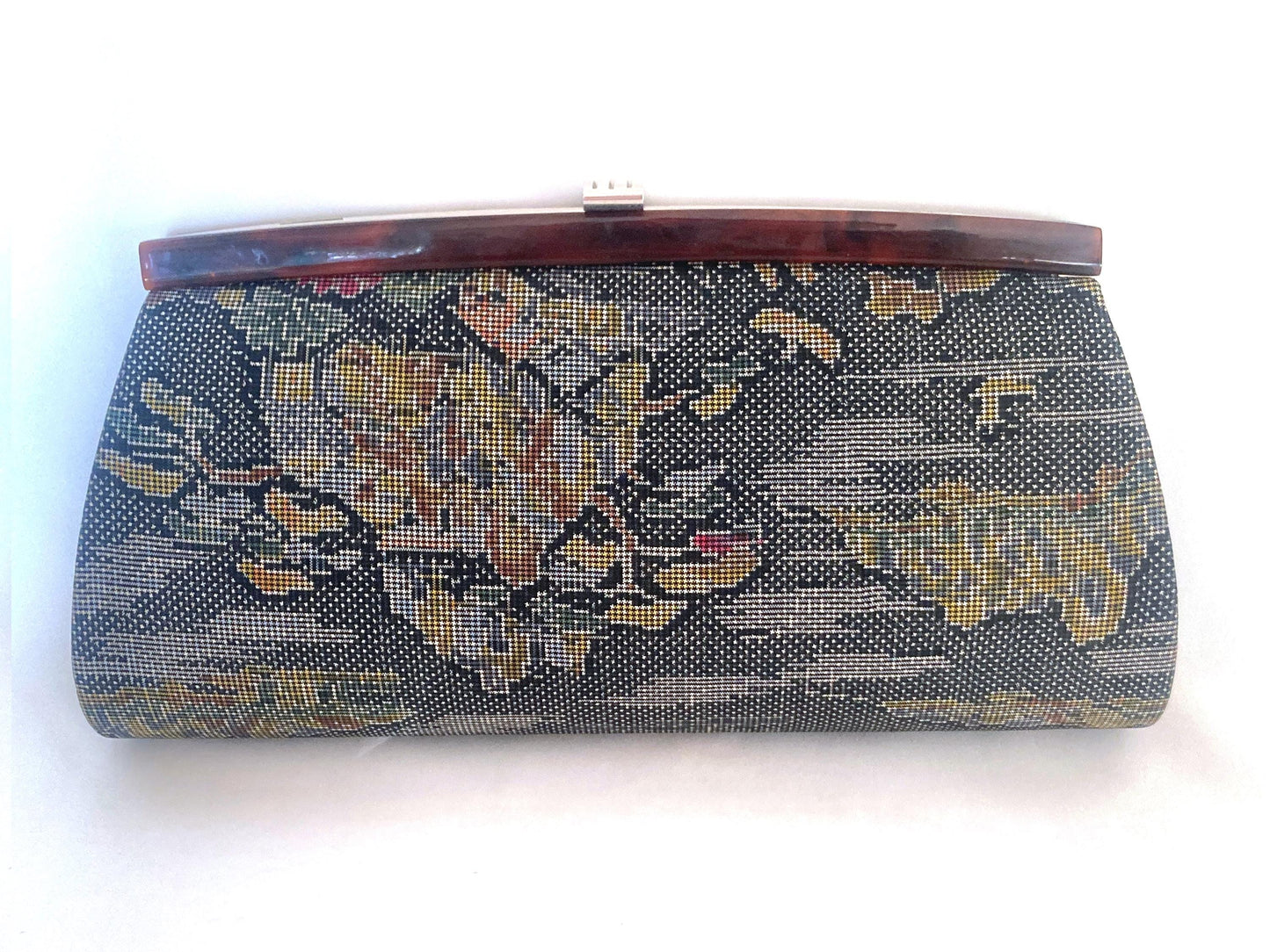 Vintage kimono handbag Ooshima tsumugi - gray silk taffeta with colorful pattern