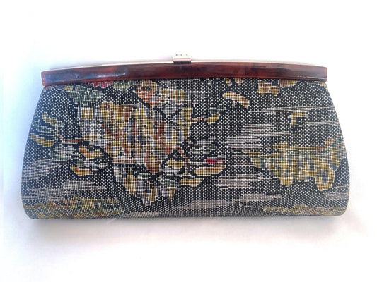 Vintage kimono handbag Ooshima tsumugi - gray silk taffeta with colorful pattern