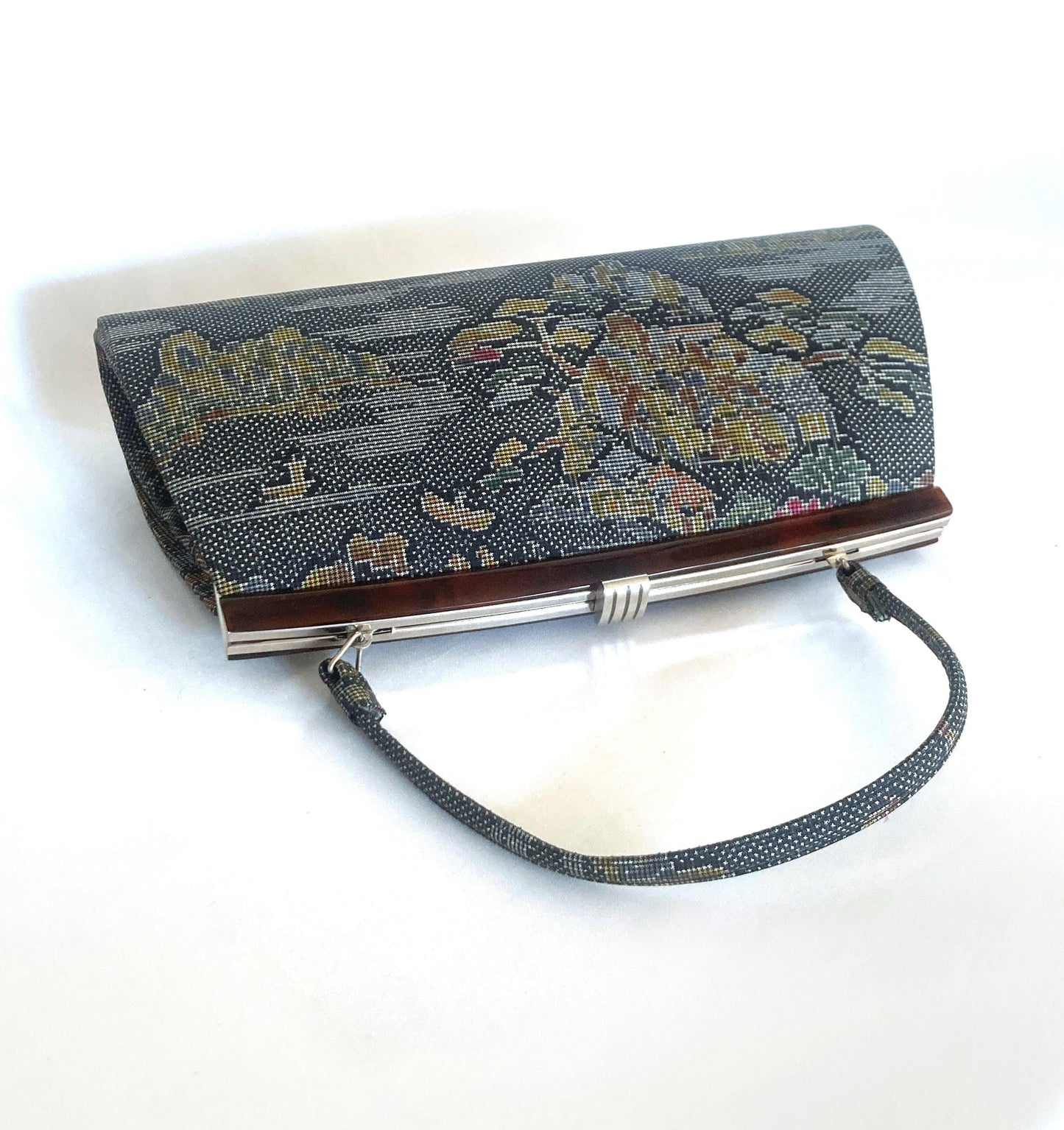 Vintage kimono handbag Ooshima tsumugi - gray silk taffeta with colorful pattern