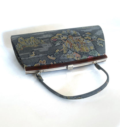 Vintage kimono handbag Ooshima tsumugi - gray silk taffeta with colorful pattern