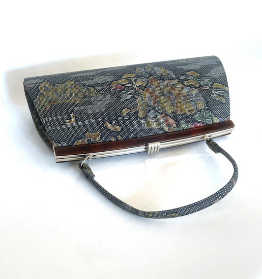 Vintage kimono handbag Ooshima tsumugi - gray silk taffeta with colorful pattern