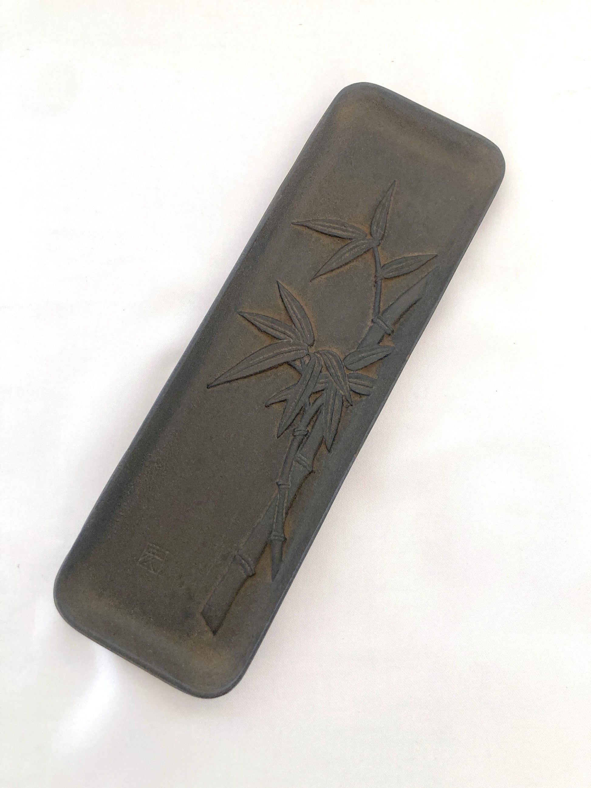 Japanese iron cast paperweight - brush tray with bamboo motif