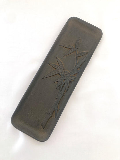 Japanese iron cast paperweight - brush tray with bamboo motif