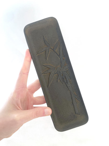 Japanese iron cast paperweight - brush tray with bamboo motif