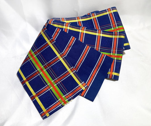 Elegant Japanese hanhaba obi - silk jacquard - blue with colorful grid pattern