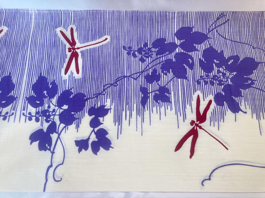 Vintage tanmono - yukata fabric bolt - white, purple, and red dragonflies (B grade)