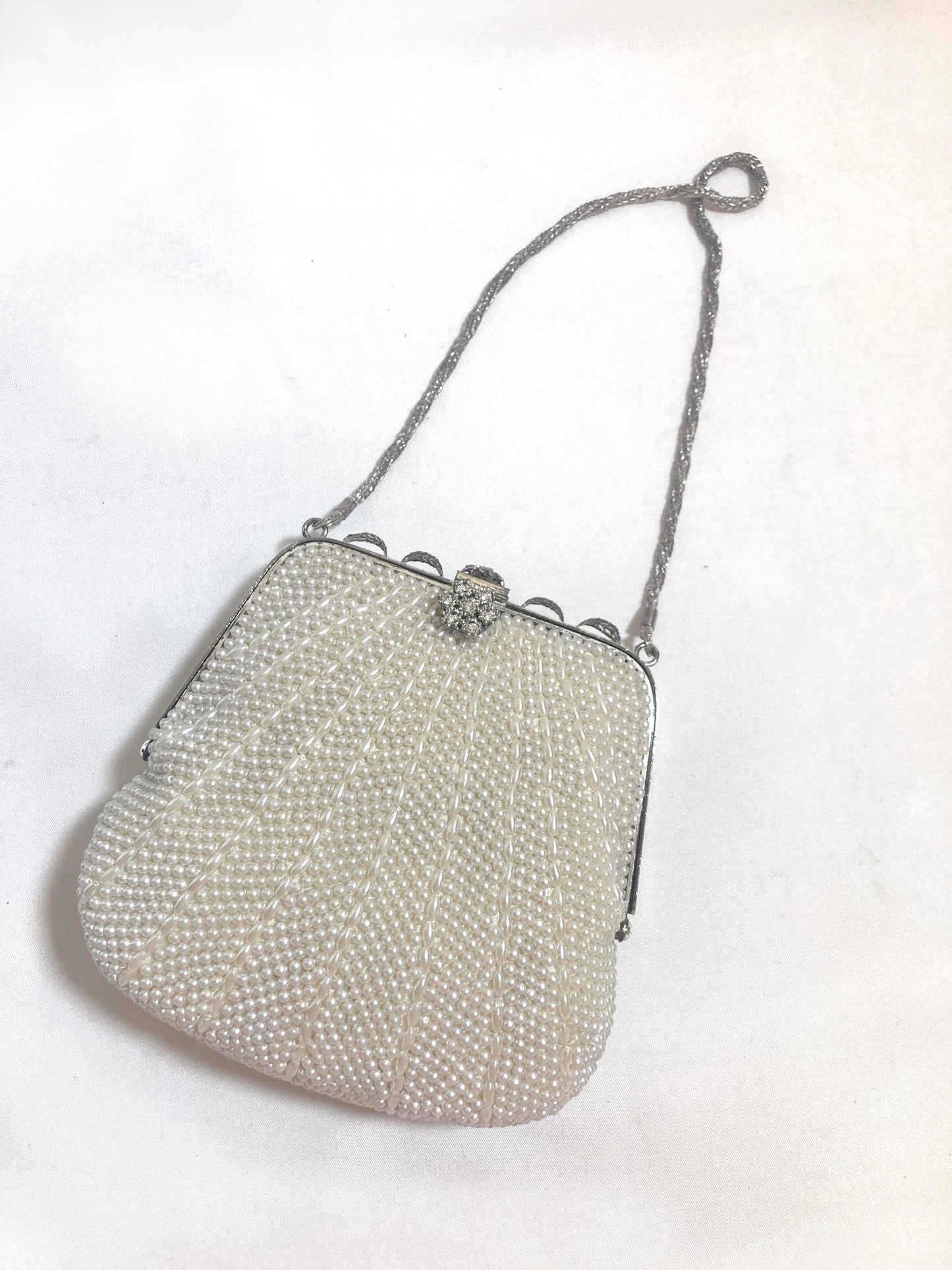 Miniature beaded kimono handbag - pearls with a rhinestone accent