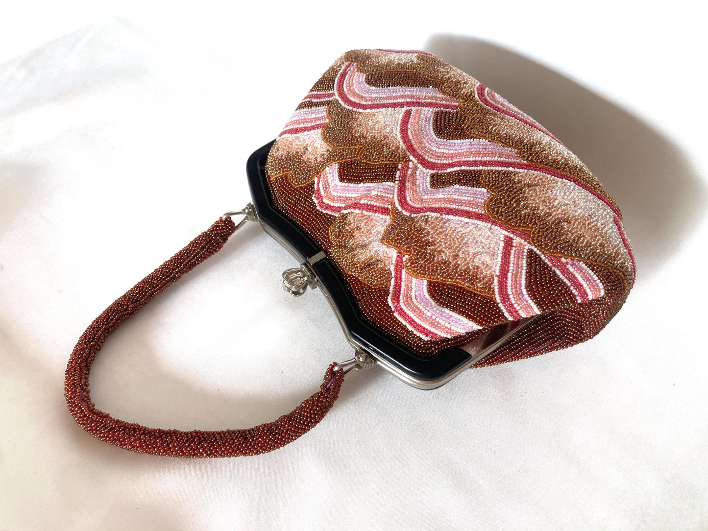 Vintage kimono handbag - beaded brown and pink mountains