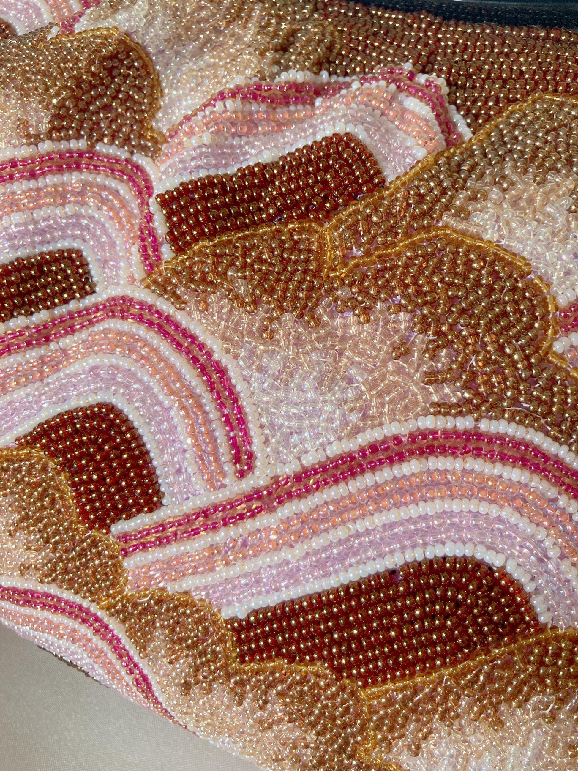 Vintage kimono handbag - beaded brown and pink mountains
