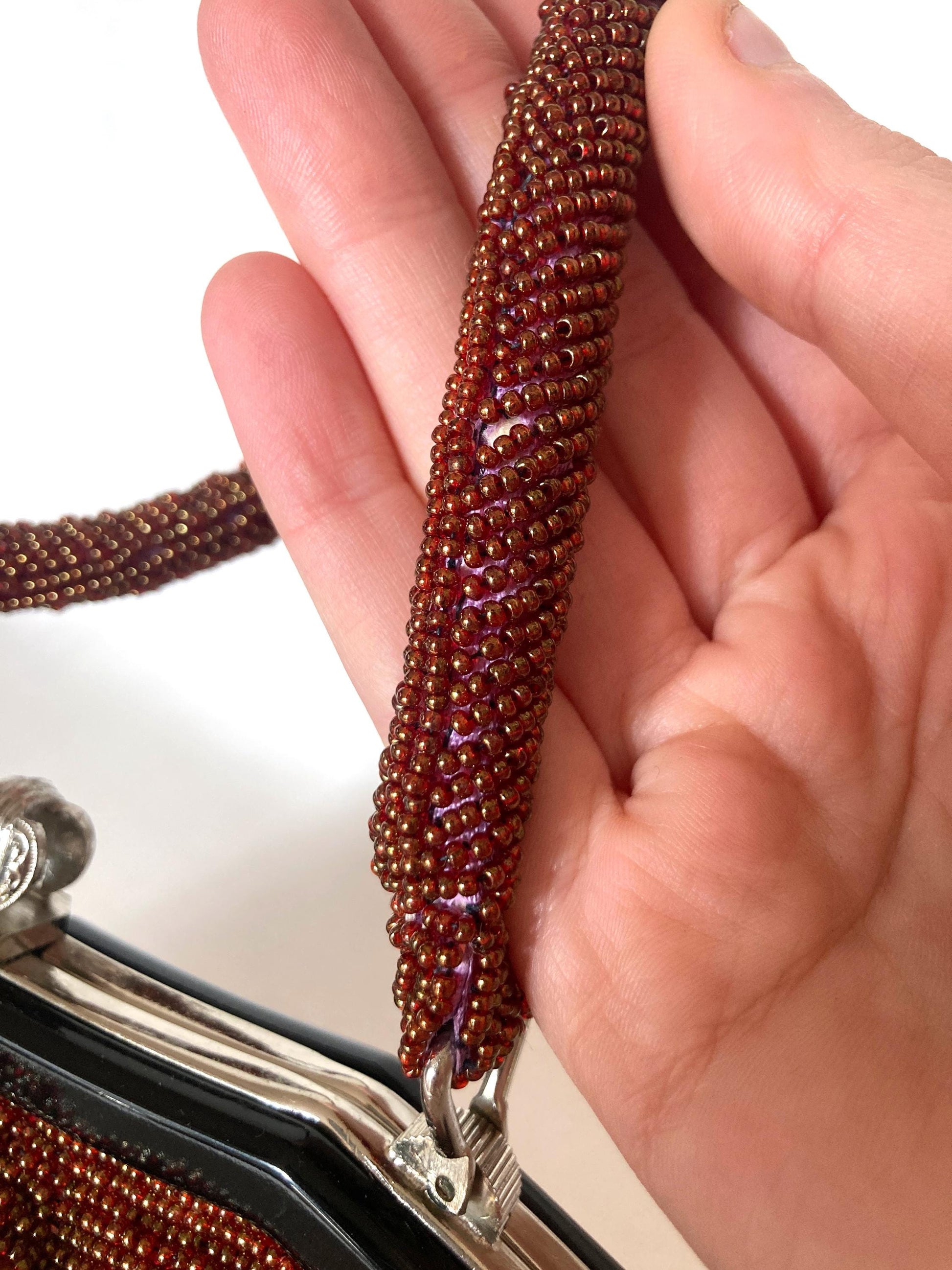 Vintage kimono handbag - beaded brown and pink mountains