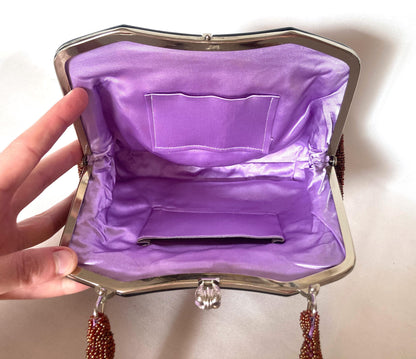 Vintage kimono handbag - beaded brown and pink mountains