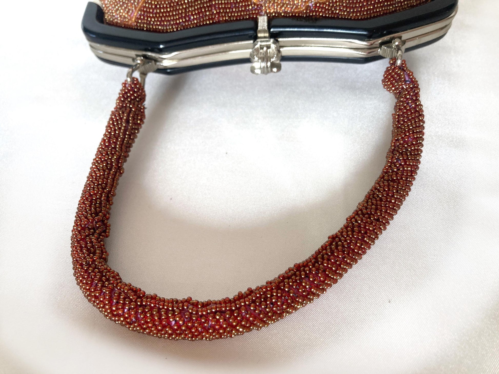 Vintage kimono handbag - beaded brown and pink mountains