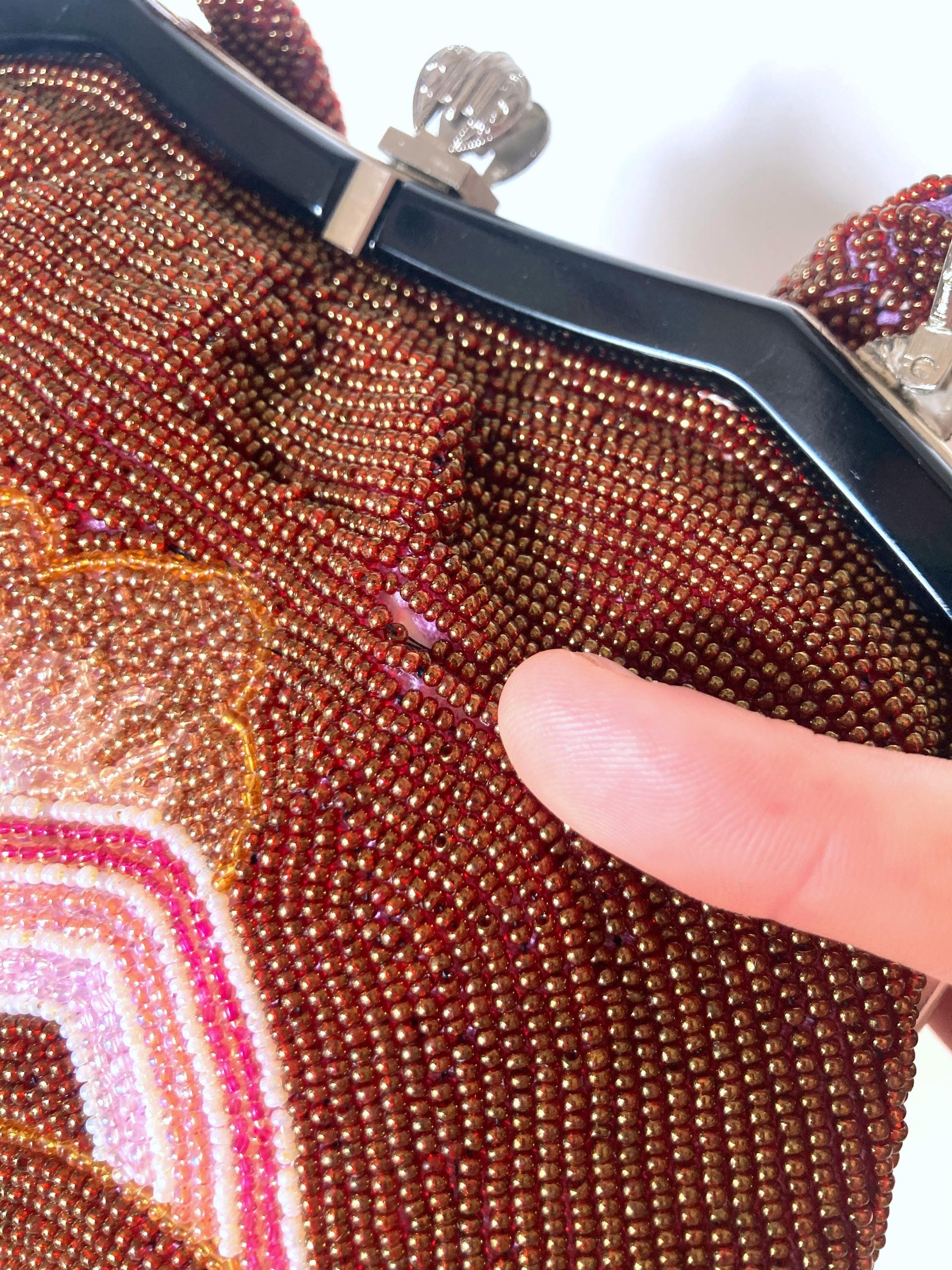 Vintage kimono handbag - beaded brown and pink mountains