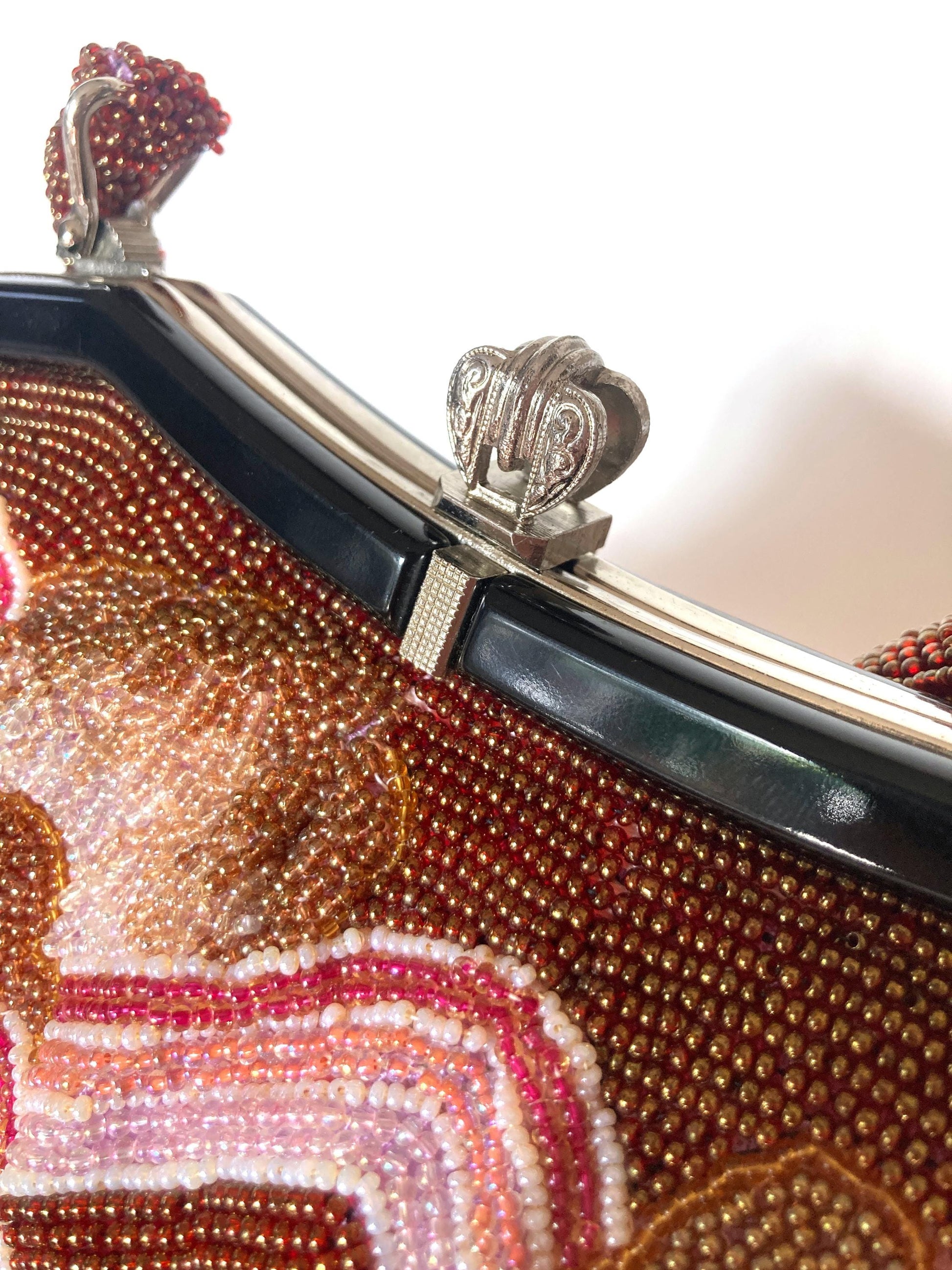 Vintage kimono handbag - beaded brown and pink mountains