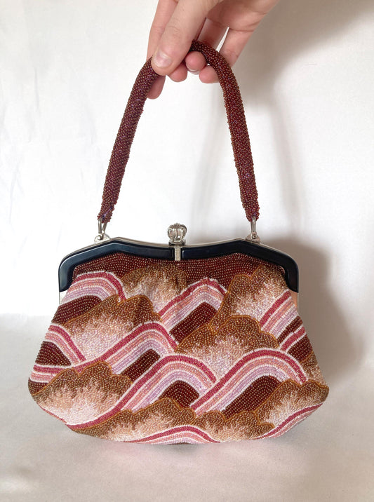 Vintage kimono handbag - beaded brown and pink mountains