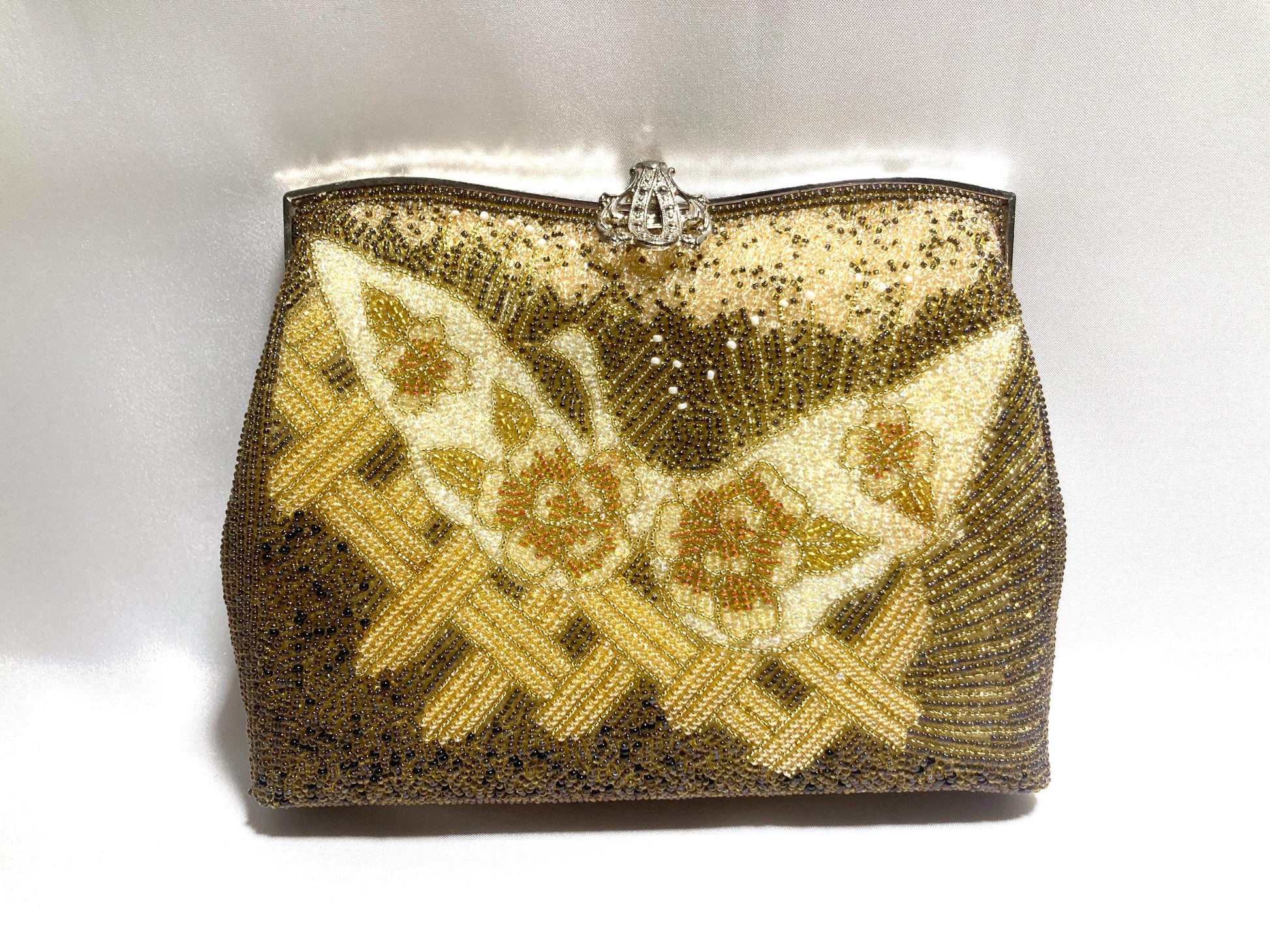 Vintage kimono handbag - two-way brown and beige crane bird