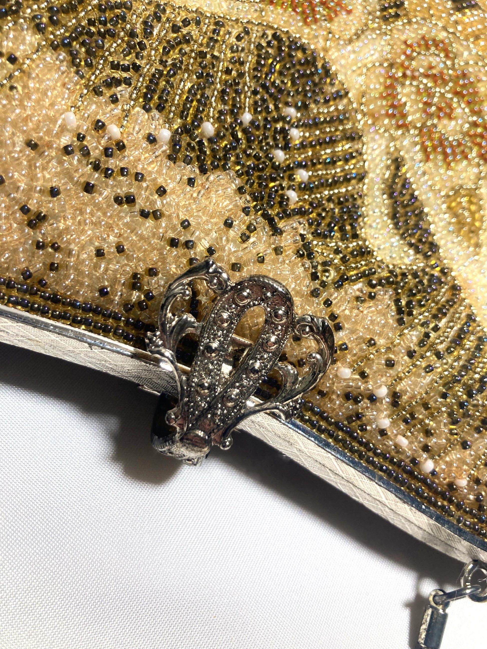 Vintage kimono handbag - two-way brown and beige crane bird