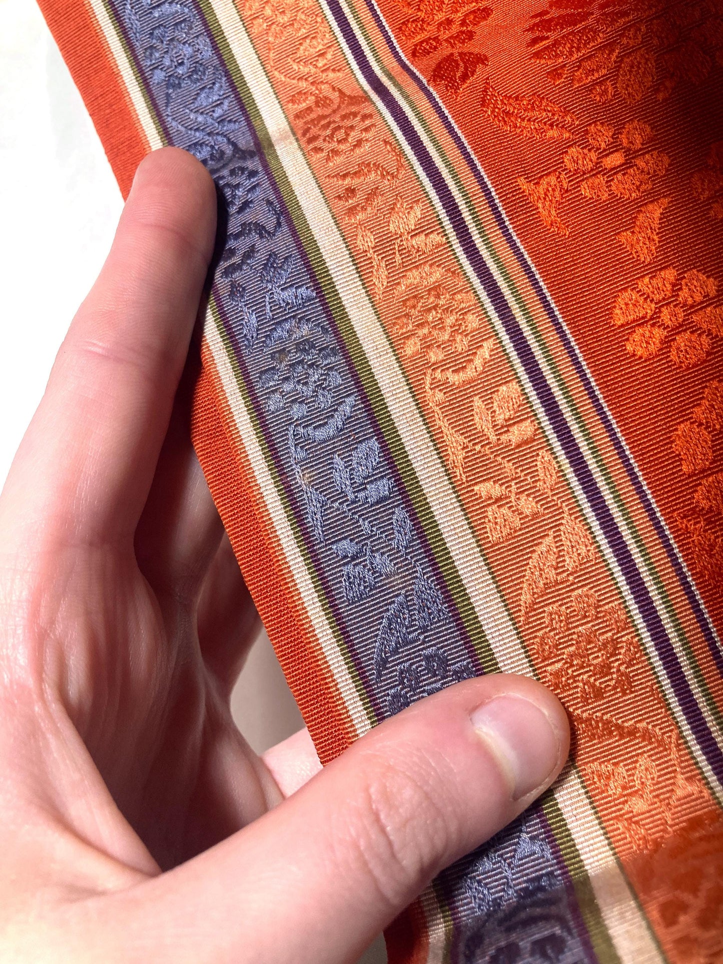 Elegant Japanese hanhaba obi - silk jacquard - red, purple, and beige with floral pattern (B grade)