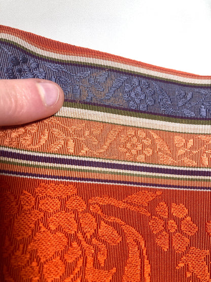 Elegant Japanese hanhaba obi - silk jacquard - red, purple, and beige with floral pattern (B grade)