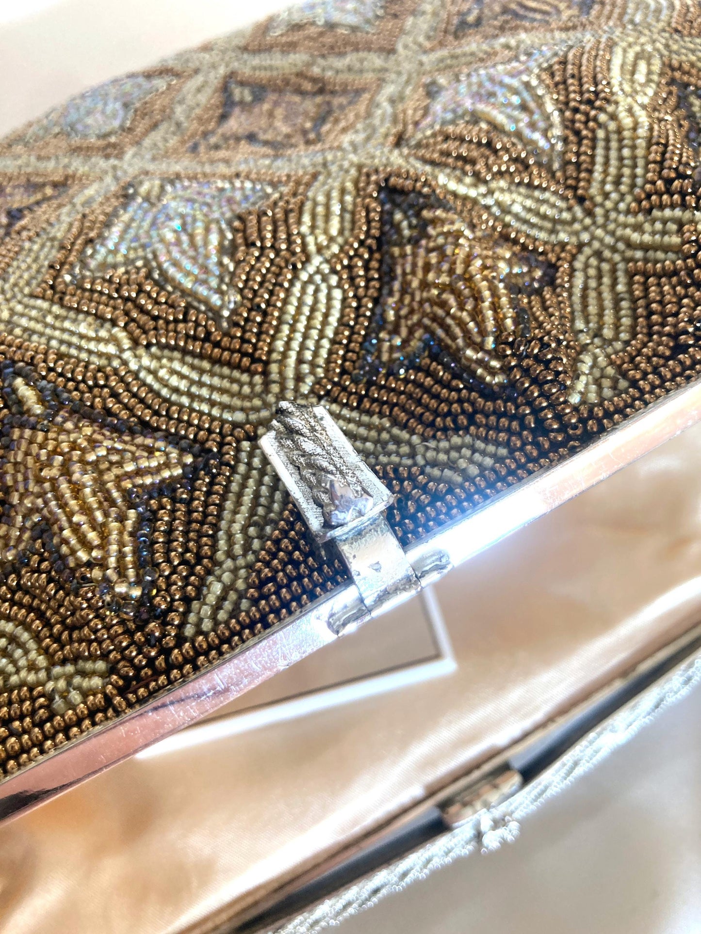 Vintage kimono handbag - bronze and beige lattice